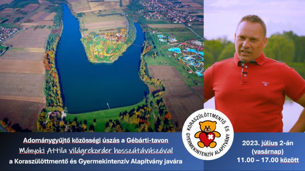 Adománygyűjtő közösségi úszás a Gébárti tavon, Mányoki Attila világrekorder hosszútávúszó részvételével Adománygyűjtő közösségi úszás a Gébárti tavon, Mányoki Attila világrekorder hosszútávúszó részvételével