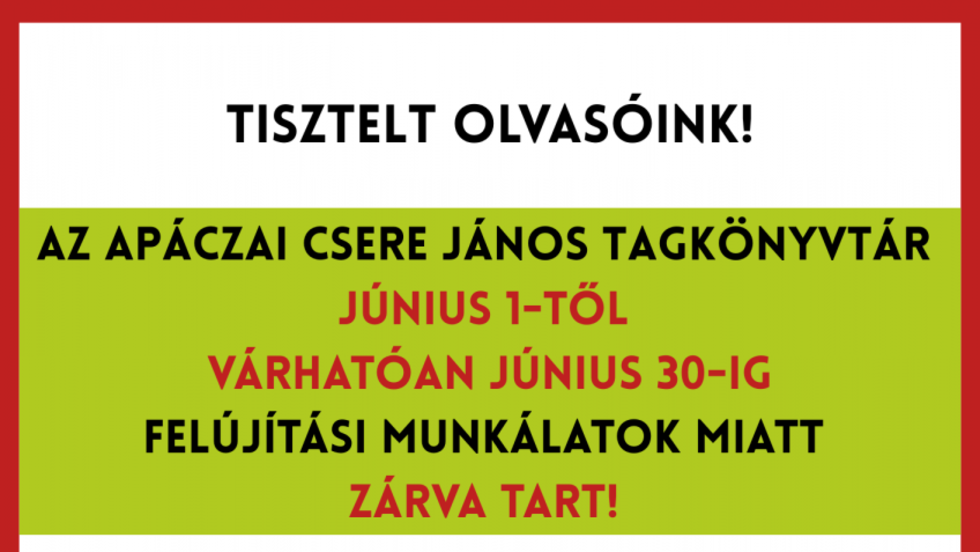 Ideiglenesen zárva tart az Apáczai Csere János Tagkönyvtár Ideiglenesen zárva tart az Apáczai Csere János Tagkönyvtár